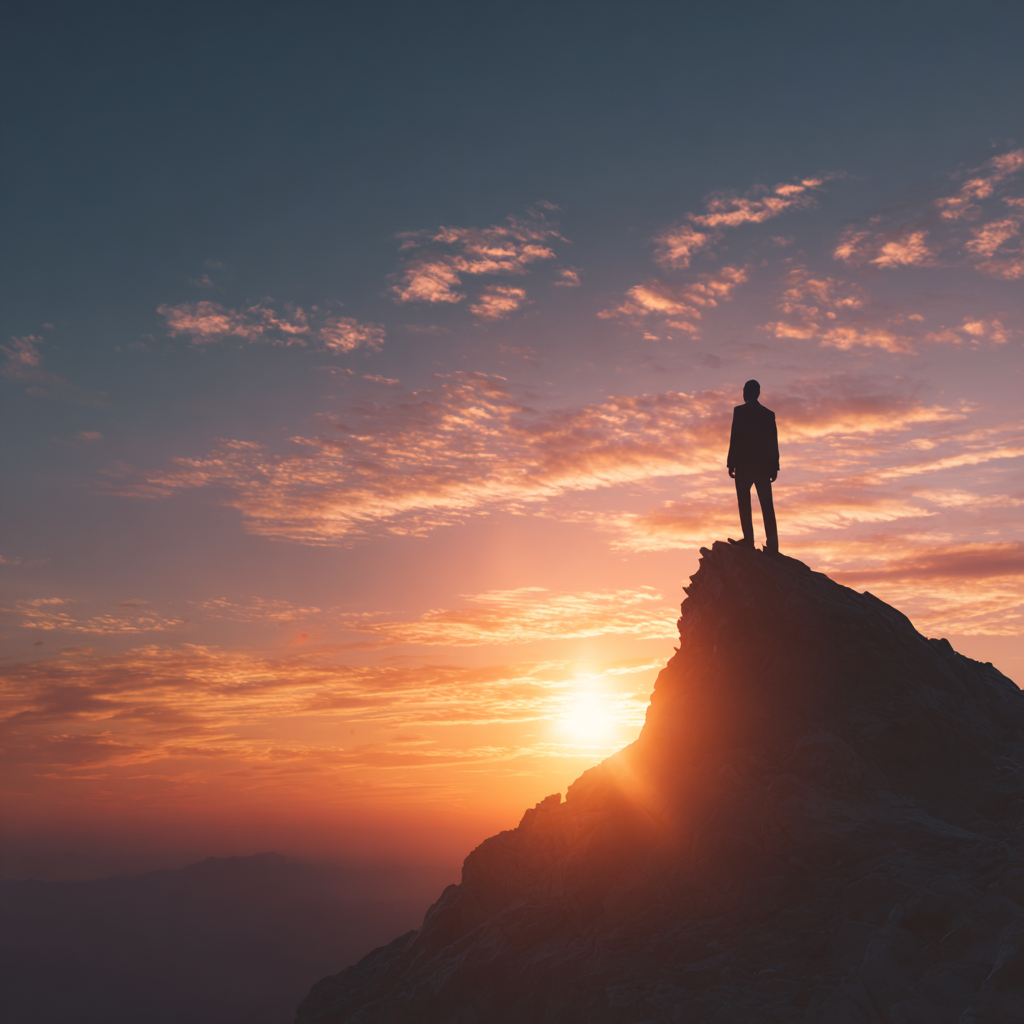 Successful businessman standing confidently on mountain peak at sunset, symbolizing achievement and leadership